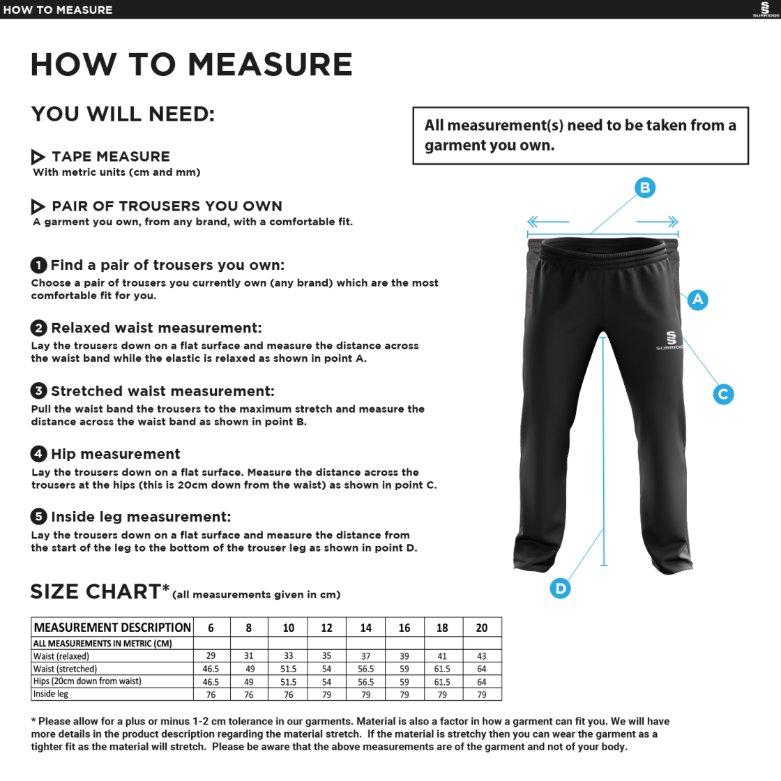 Grayswood CC - Women's Ripstop Track Pants - Size Guide