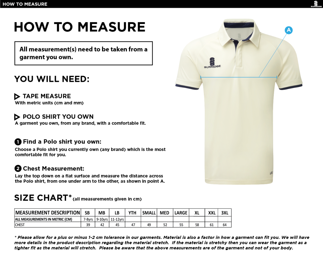 Grayswood CC - Senior/Junior Ergo Short Sleeved Playing Shirt - Size Guide