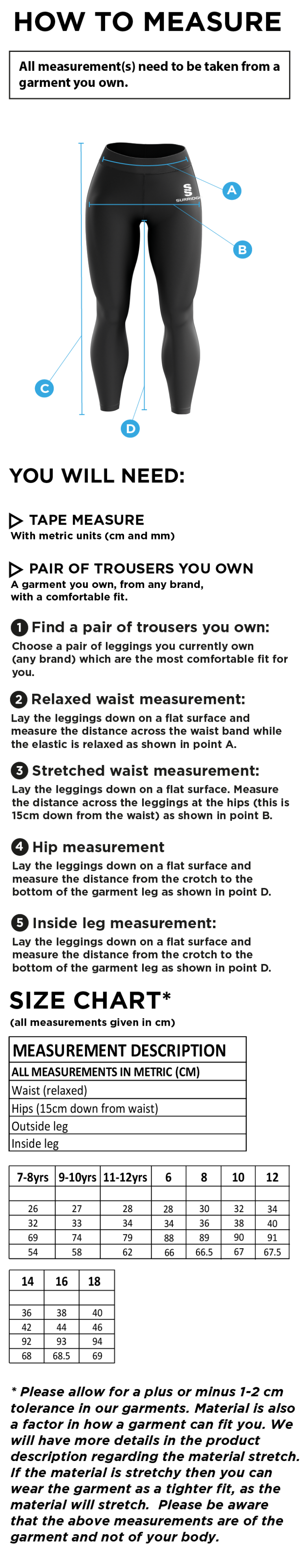 Grayswood CC - Performance Full Length Leggings - Size Guide