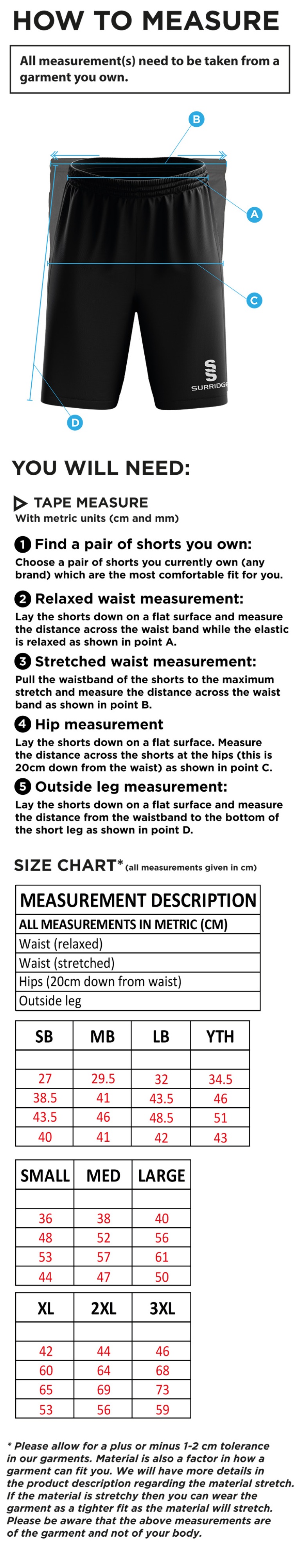 Grayswood CC - Senior/Junior Blade Training Short - Size Guide