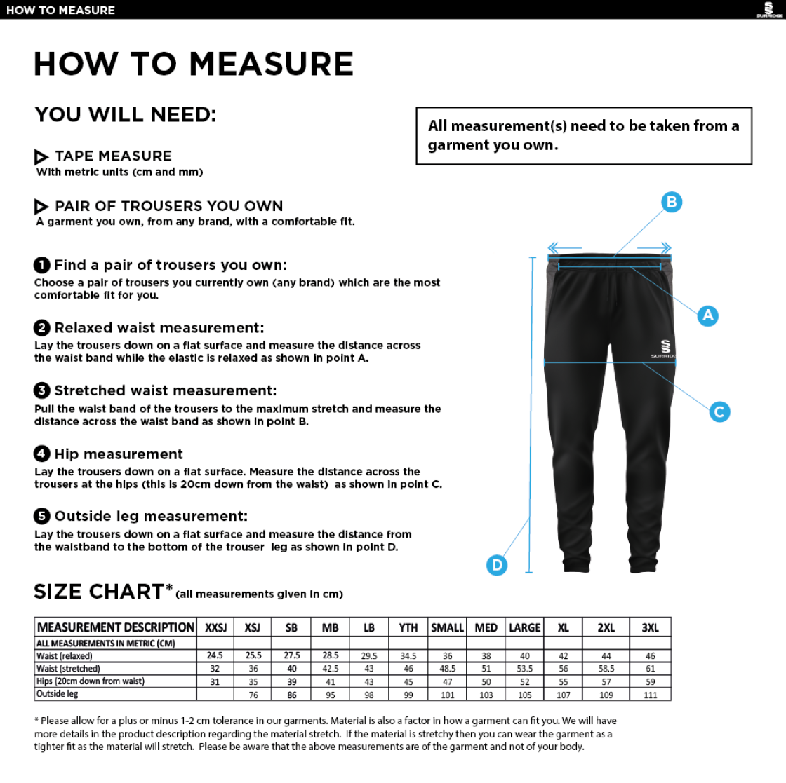 Grayswood CC - Senior/Junior Tek Slim Training Pant - Size Guide