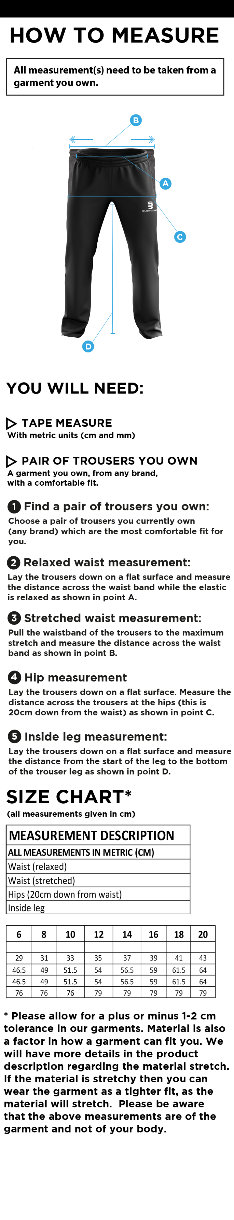 Grayswood CC - Women's Ripstop Track Pants - Size Guide