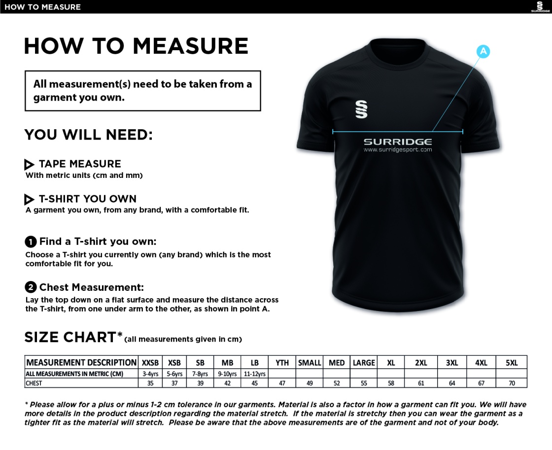 Grayswood CC - Senior Training Shirt - Size Guide