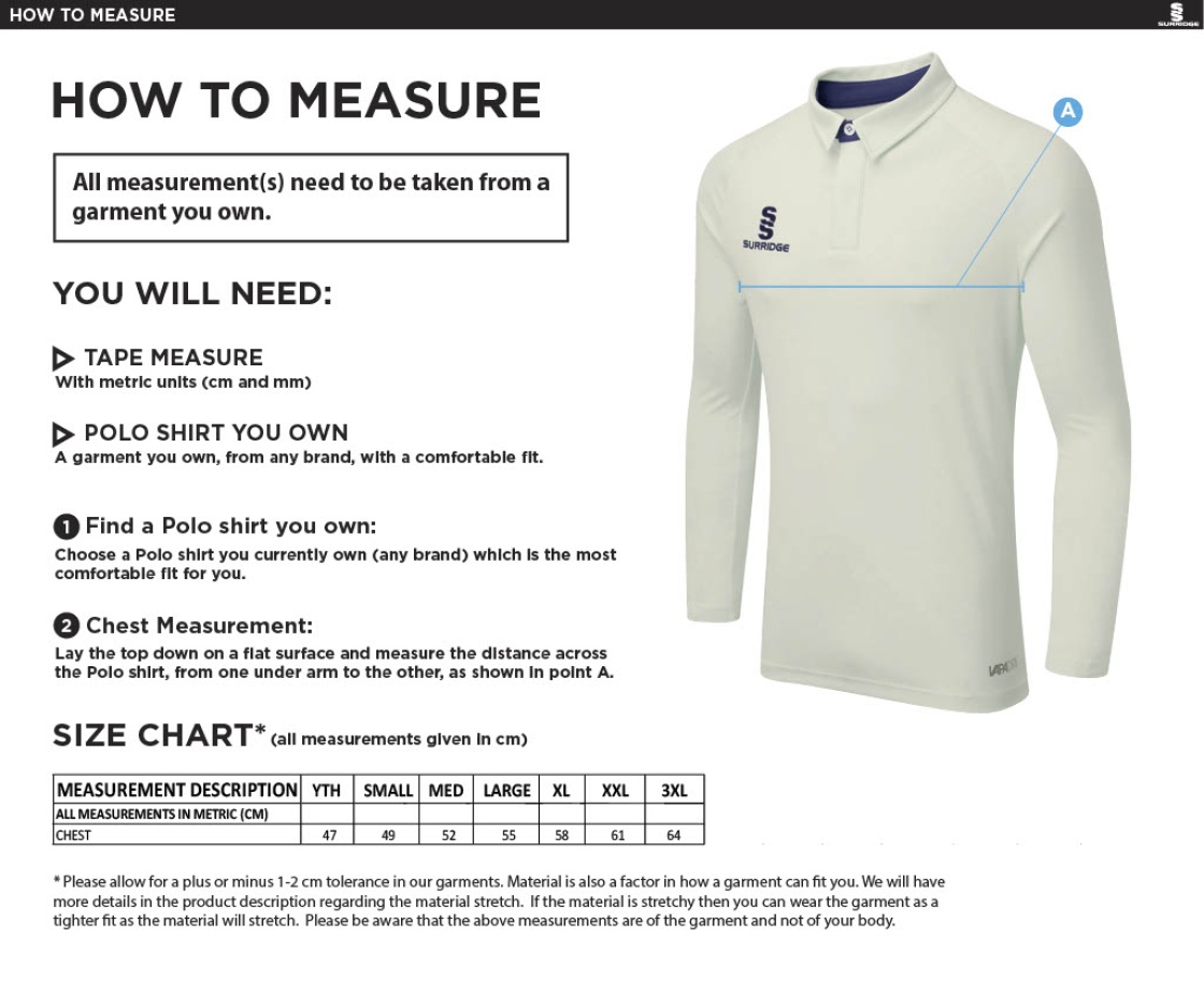 Grayswood CC - Senior/Junior Ergo Long Sleeved Playing Shirt - Size Guide