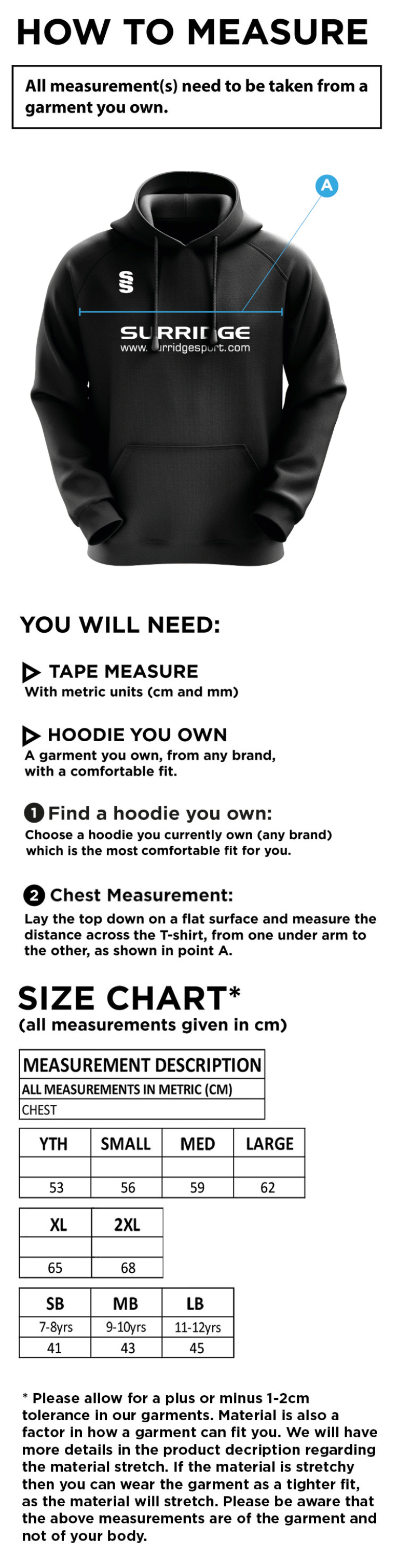 Grayswood CC - Blade Hoodie Senior/Junior - Size Guide