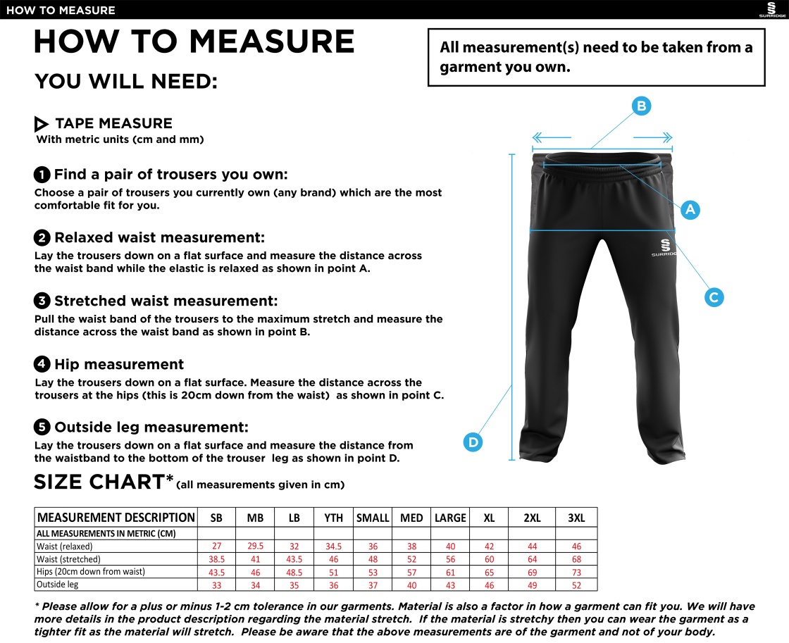 Grayswood CC - Ripstop Track Pants Senior/Junior - Size Guide