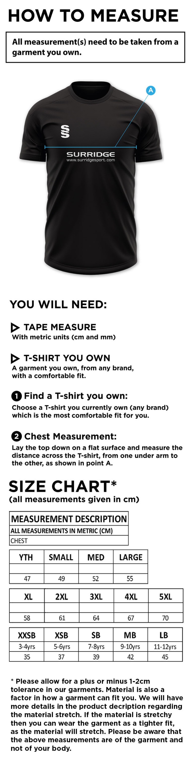 Grayswood CC - Coach's Training Shirt - Size Guide