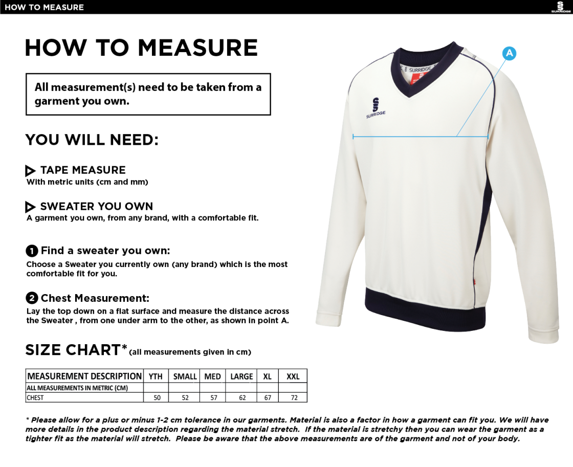 Grayswood CC - Long Sleeved Sweater Senior/Junior - Size Guide